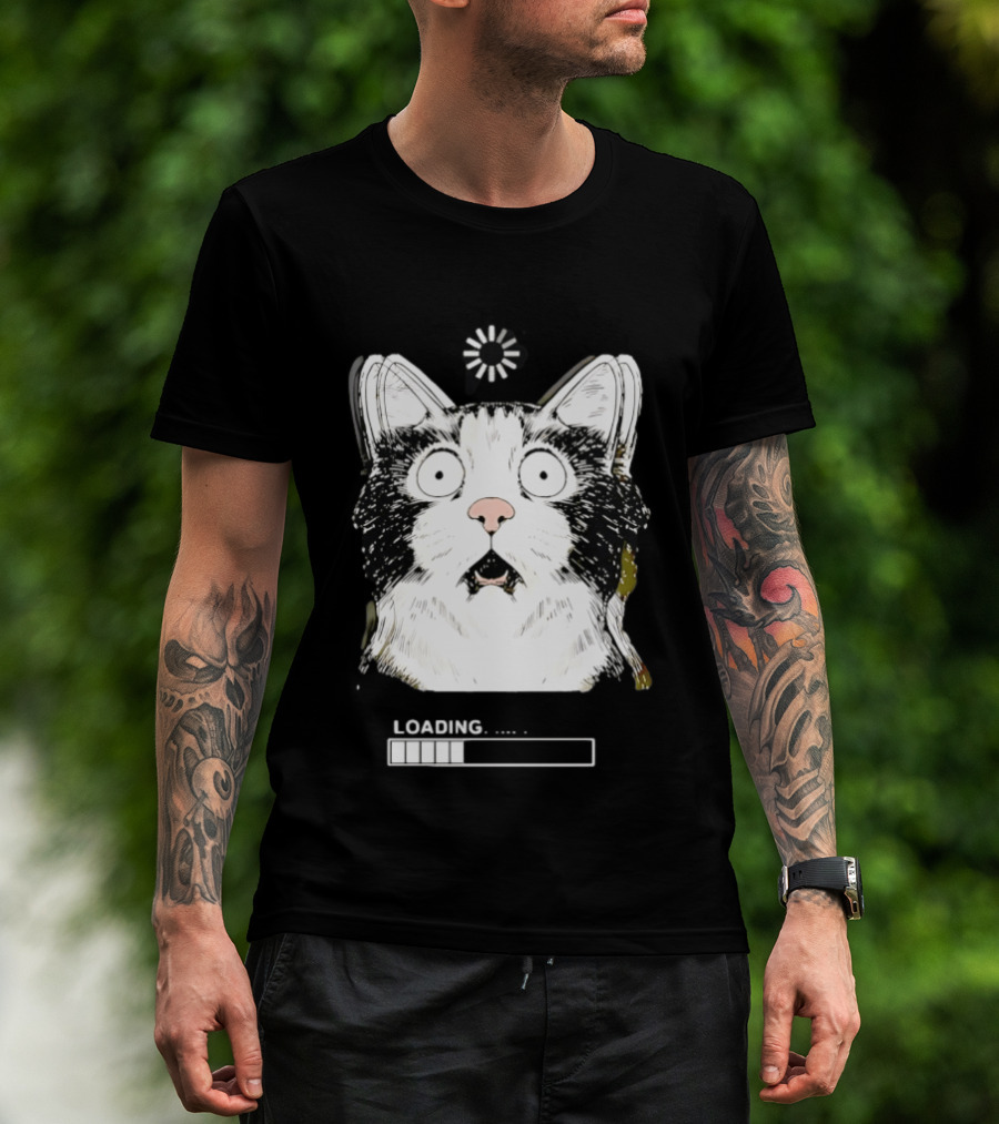 Startled Tuxedo Cat Staring Wide Eyed Beside Loading Progress Bar Meme T-Shirt