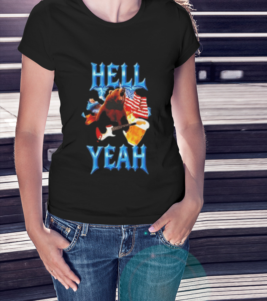 Hell Yeah Bear American Flag Guitar Beer Celebration T-Shirt