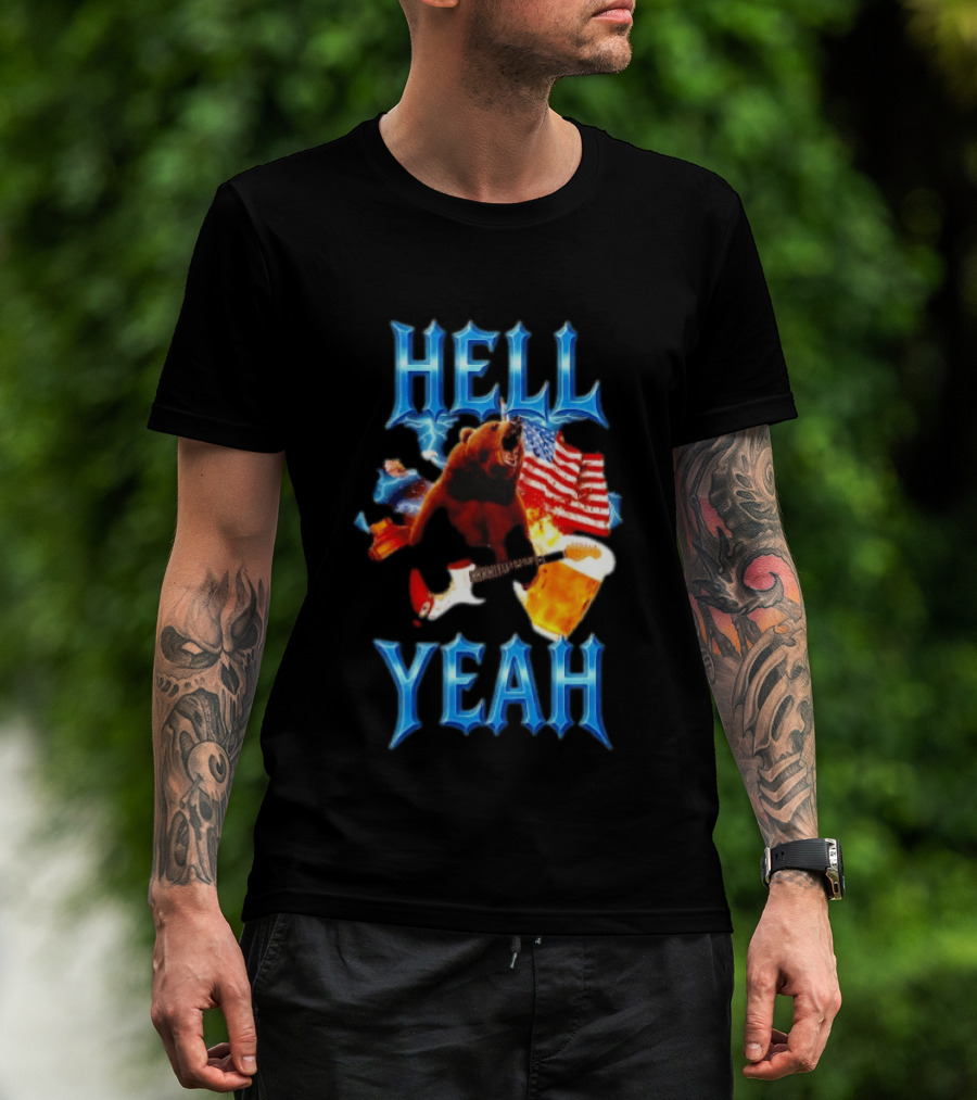 Hell Yeah Bear American Flag Guitar Beer Celebration T-Shirt