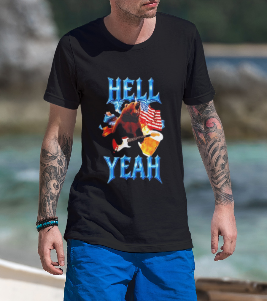 Hell Yeah Bear American Flag Guitar Beer Celebration T-Shirt