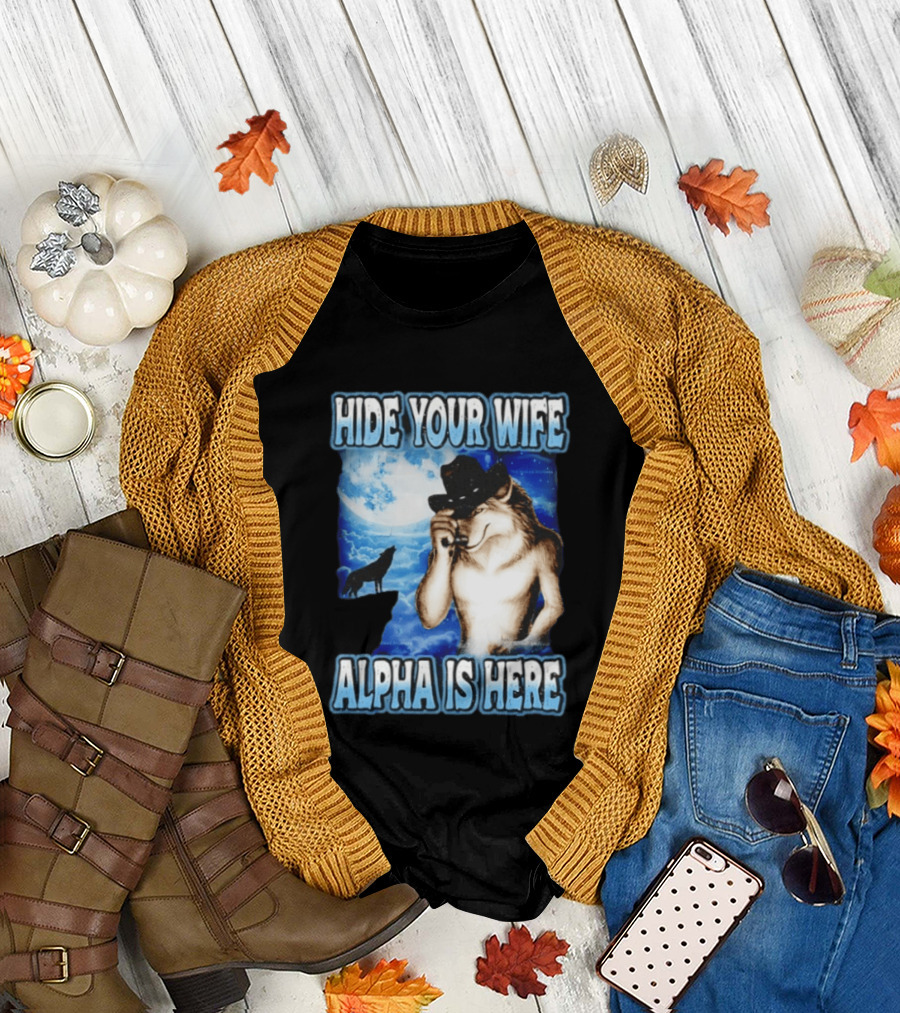 Hide Your Wife Alpha Wolf Cowboy Under Moonlight T-Shirt