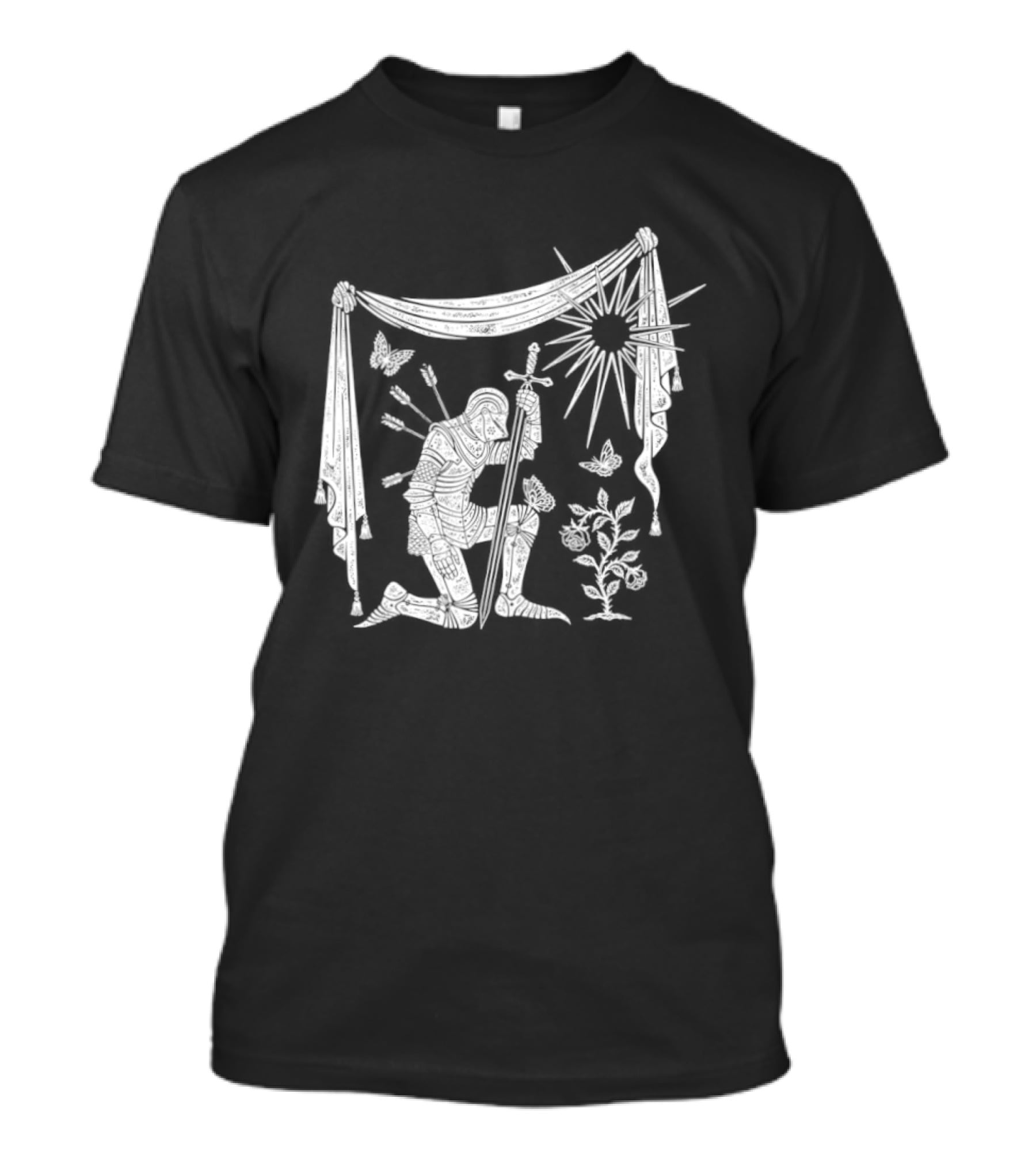Knight Kneeling With Sword And Arrows Medieval Warrior Sun And Nature Motif T-Shirt