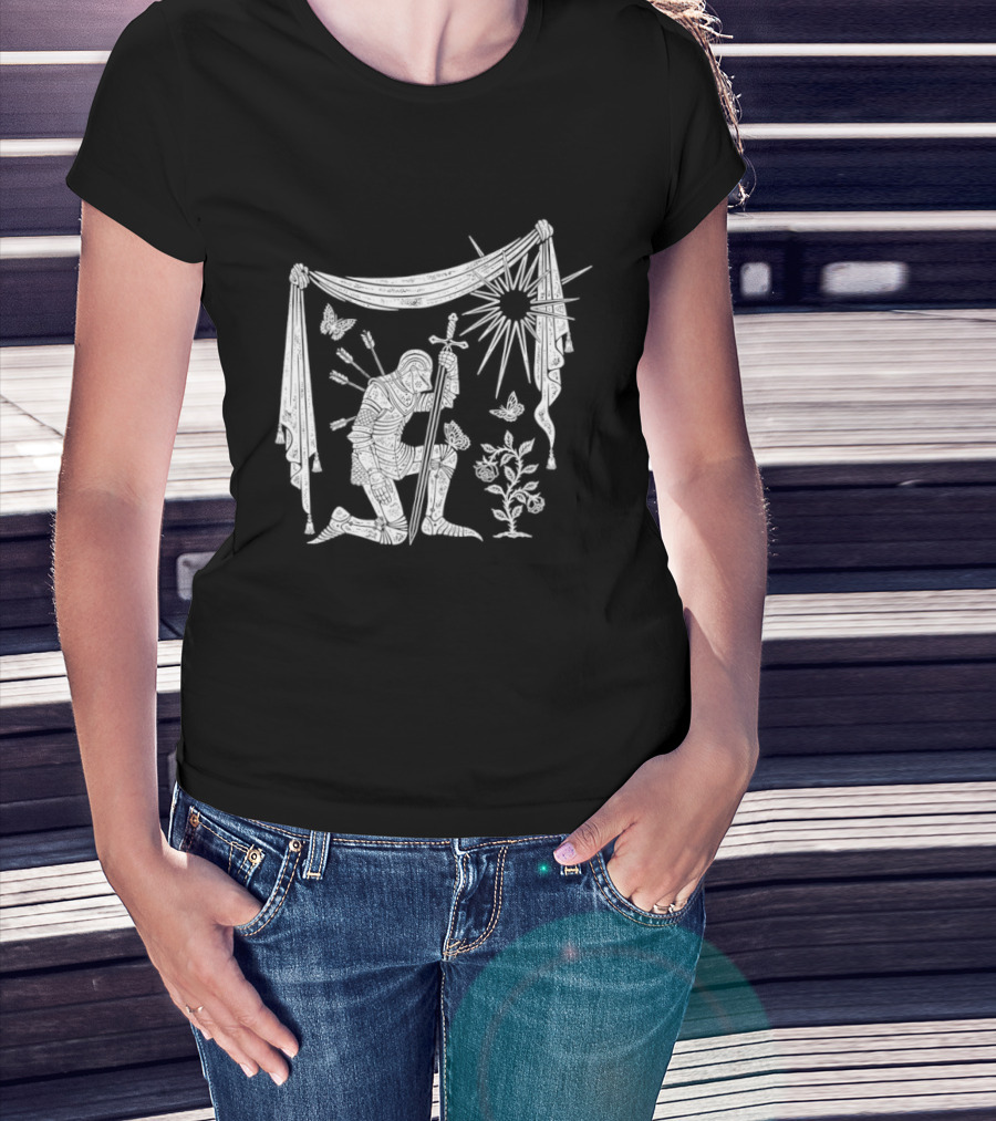 Knight Kneeling With Sword And Arrows Medieval Warrior Sun And Nature Motif T-Shirt