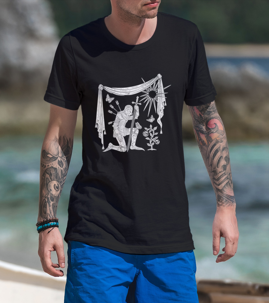 Knight Kneeling With Sword And Arrows Medieval Warrior Sun And Nature Motif T-Shirt