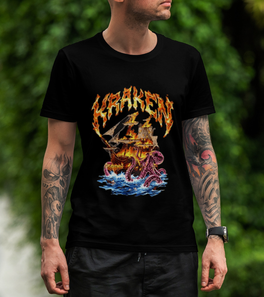 Kraken Nautical Myths Burning Ship Octopus Attack T-Shirt