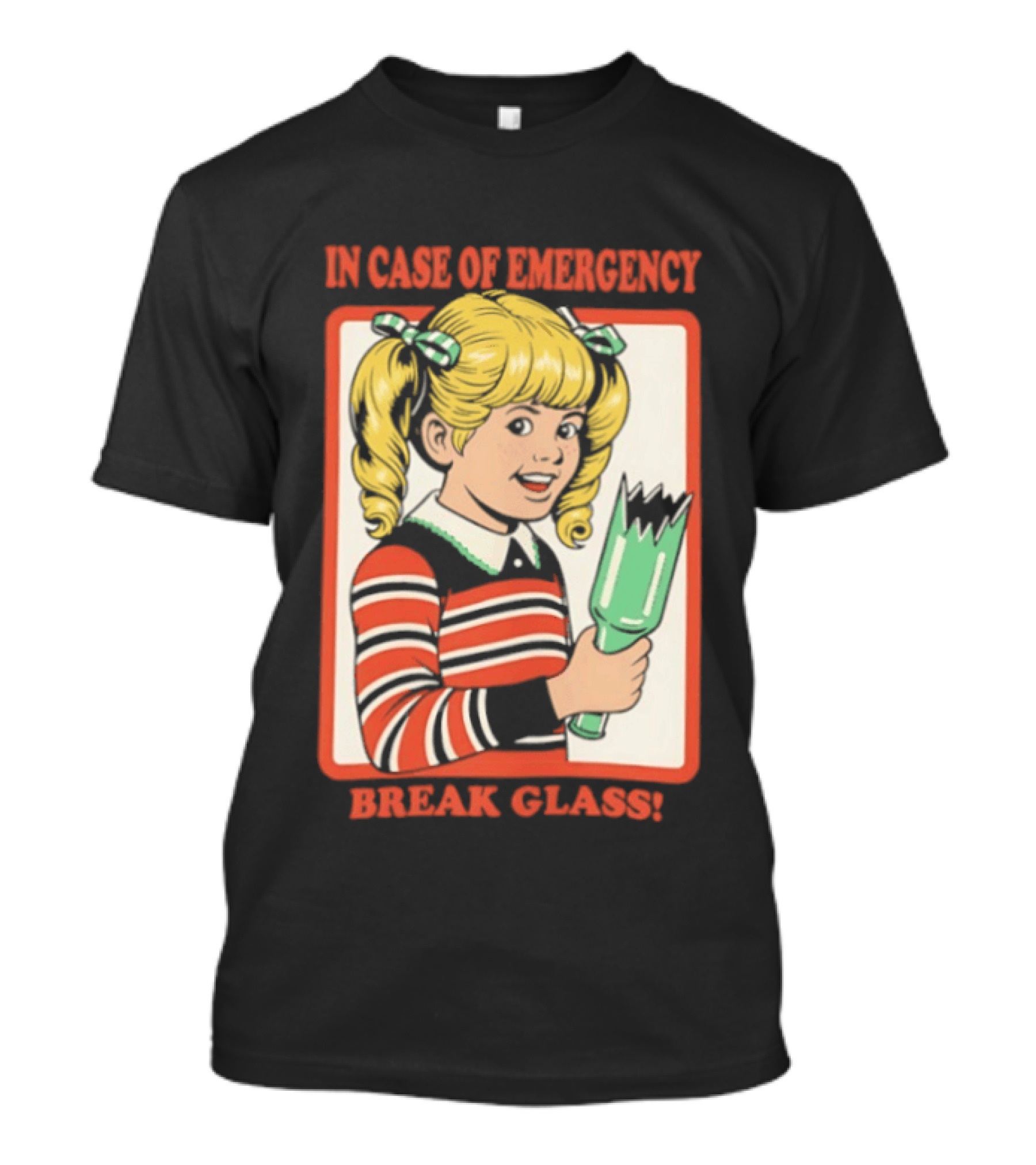 In Case Of Emergency Break Glass Blonde Girl With Striped Sweater Holding Broken Bottle T-Shirt