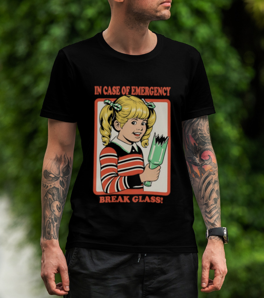 In Case Of Emergency Break Glass Blonde Girl With Striped Sweater Holding Broken Bottle T-Shirt