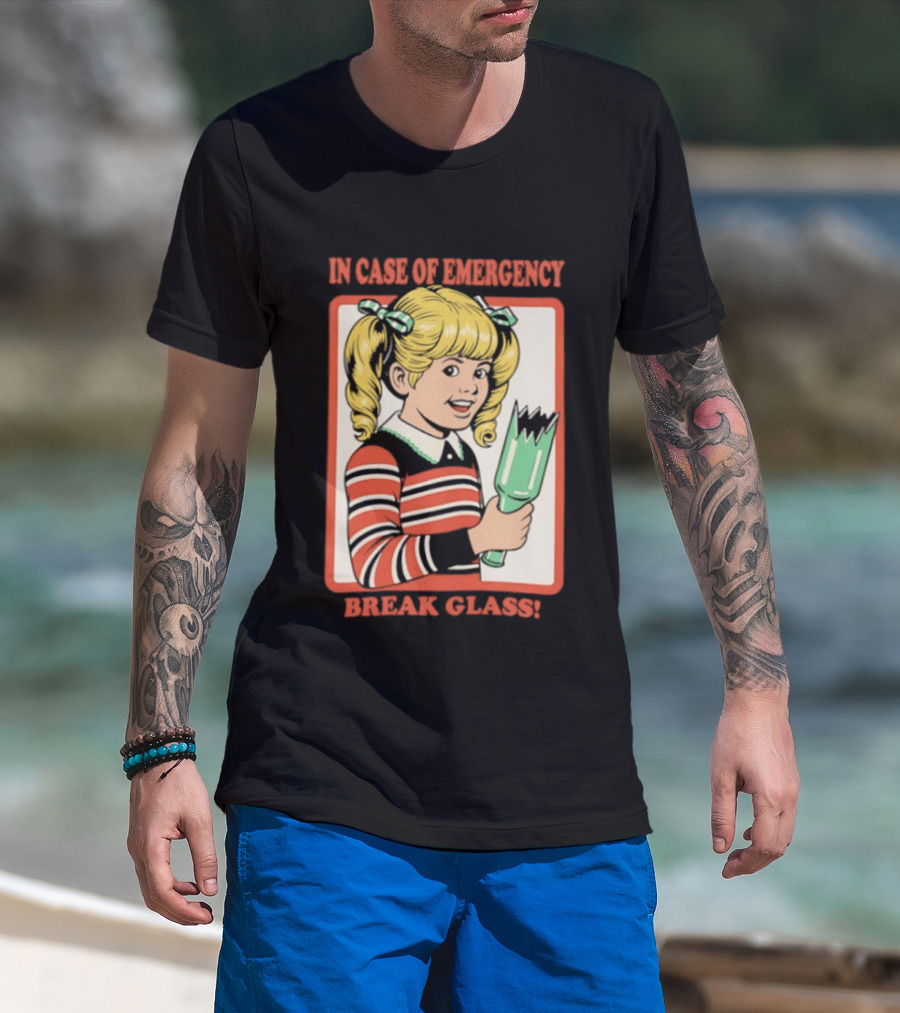 In Case Of Emergency Break Glass Blonde Girl With Striped Sweater Holding Broken Bottle T-Shirt