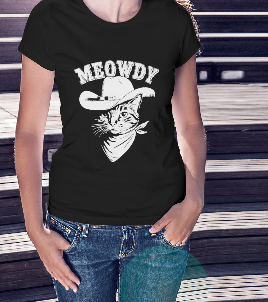 Meowdy Cowboy Cat With Bandana Western Hat Wrangler T-Shirt