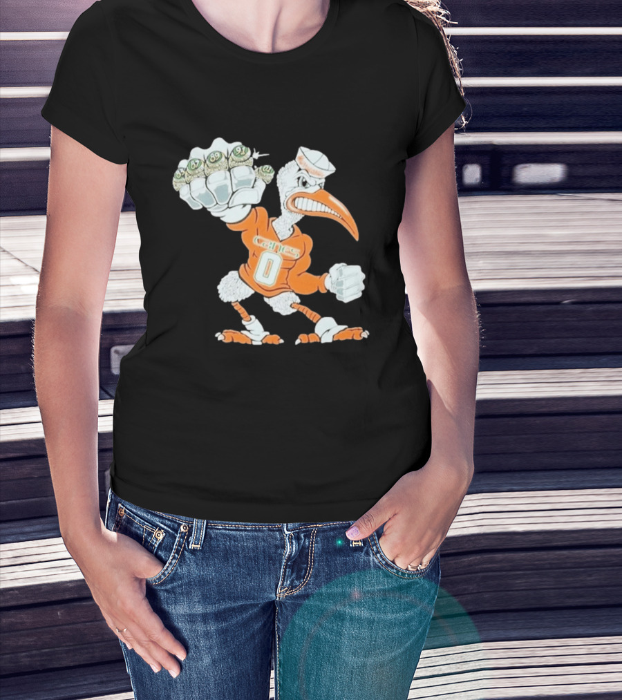 Miami Hurricanes Sebastian The Ibis 5 Rings Champs 1983 1987 1989 1991 2001 T-Shirt