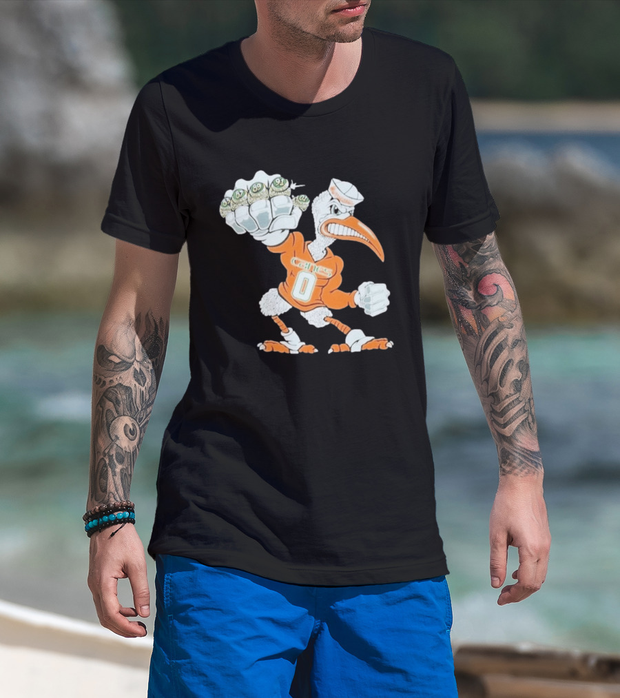 Miami Hurricanes Sebastian The Ibis 5 Rings Champs 1983 1987 1989 1991 2001 T-Shirt
