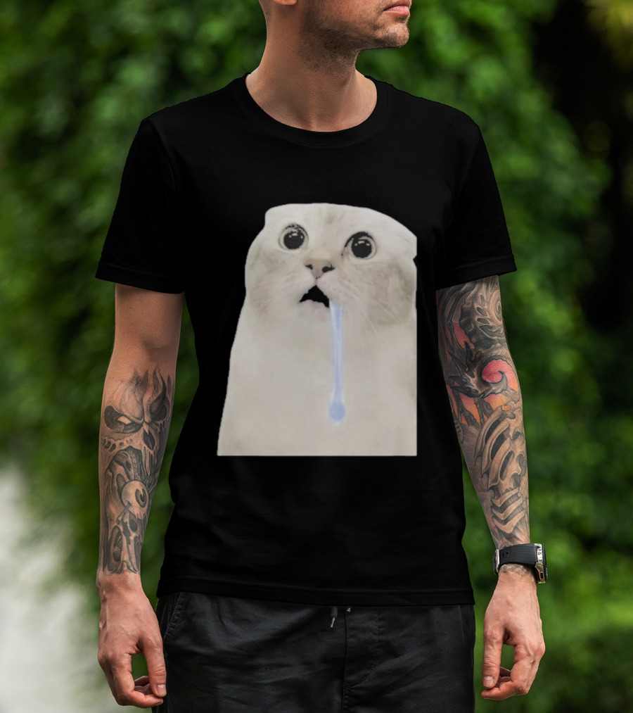 Wide Eyed Drooling Cat Meme Humor T-Shirt
