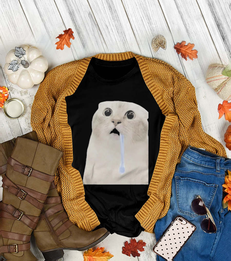 Wide Eyed Drooling Cat Meme Humor T-Shirt