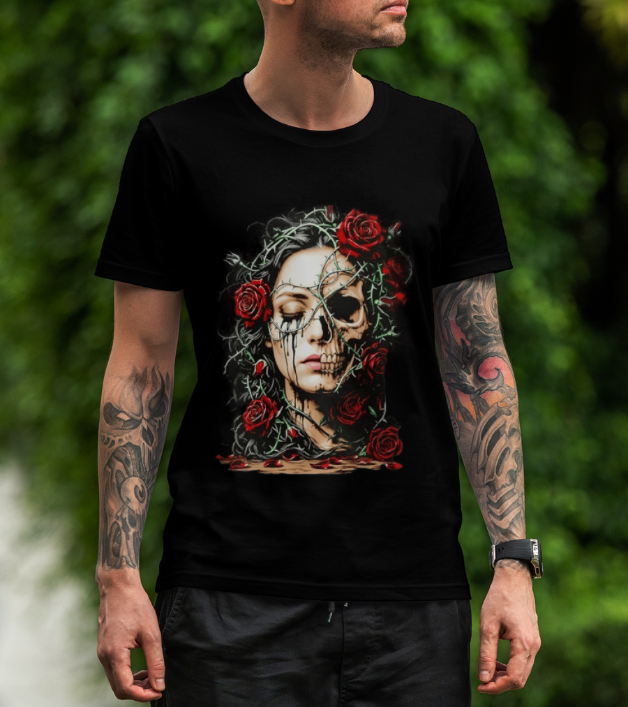 Eleventy Skull And Roses Gothic Heavy Metal Image With Thorns And Red Roses T-Shirt