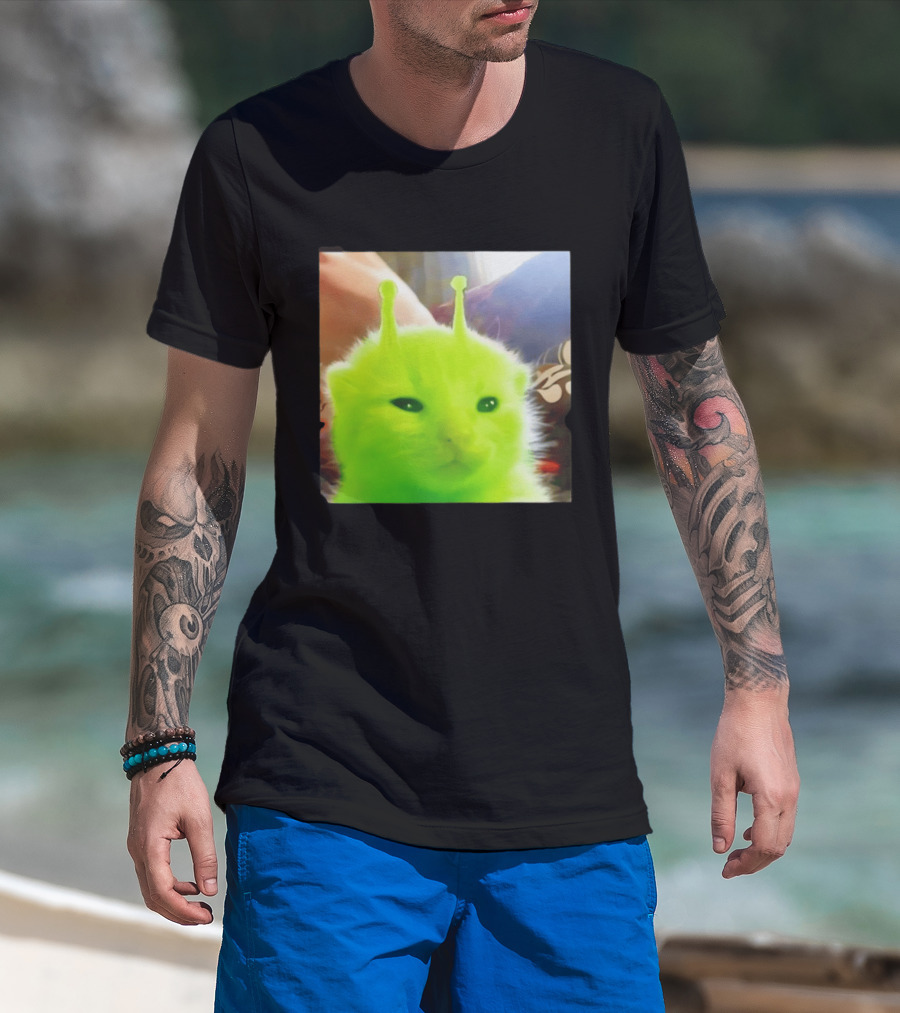 Gleep Alien Kitty Green Cat Antennae Fluffy Feline Fantasy T-Shirt