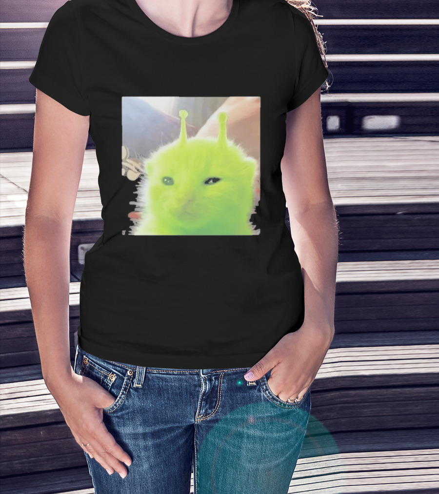 Glorp Alien Cat Winking Whimsical Green Feline With Antennae T-Shirt