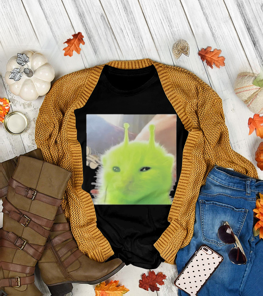 Glorp Alien Cat Winking Whimsical Green Feline With Antennae T-Shirt