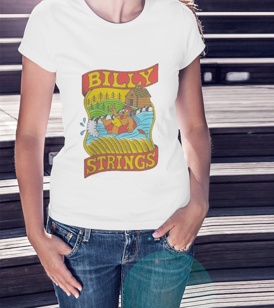 Billy Strings Tubing Bear Cabin Scene With Trees And Fish T-Shirt