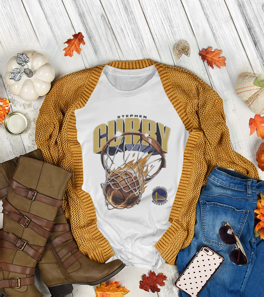 Stephen Curry Golden State Warriors Flaming Basketball Net T-Shirt
