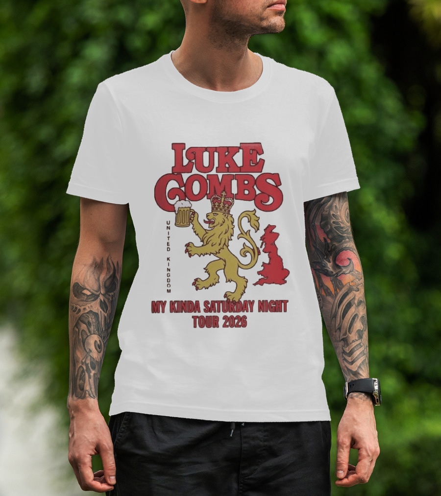 Luke Combs United Kingdom My Kinda Saturday Night Tour 2026 Lion Holding Beer T-Shirt