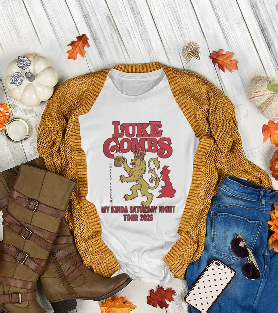 Luke Combs United Kingdom My Kinda Saturday Night Tour 2026 Lion Holding Beer T-Shirt