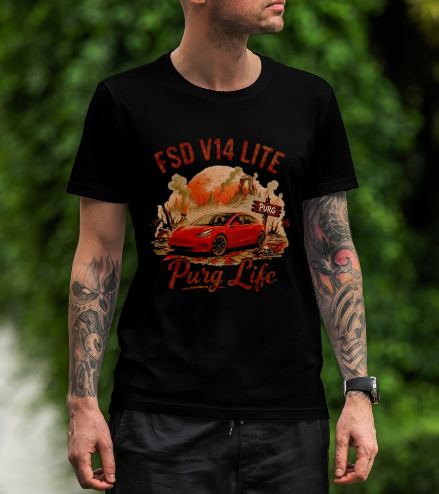 FSD V14 Lite Purg Life Tesla Car Adventure Distressed T-Shirt