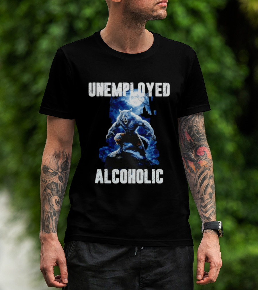 Unemployed Alcoholic Werewolf Horror Moonlit Night Scene T-Shirt