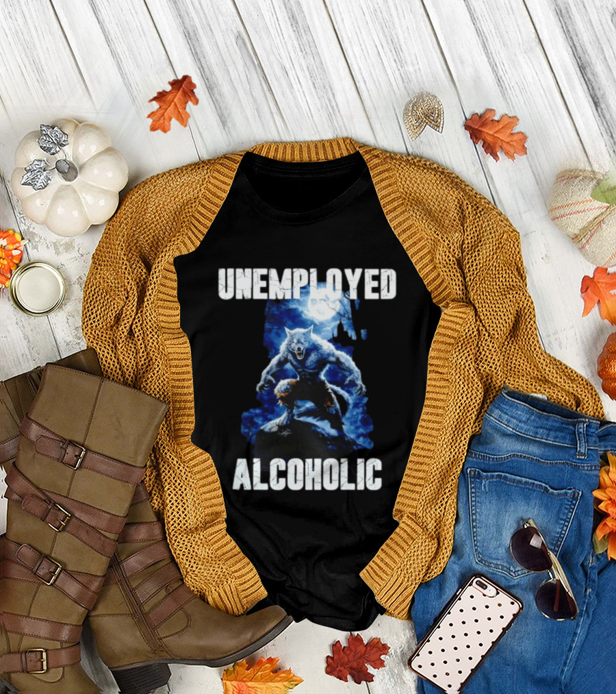 Unemployed Alcoholic Werewolf Horror Moonlit Night Scene T-Shirt
