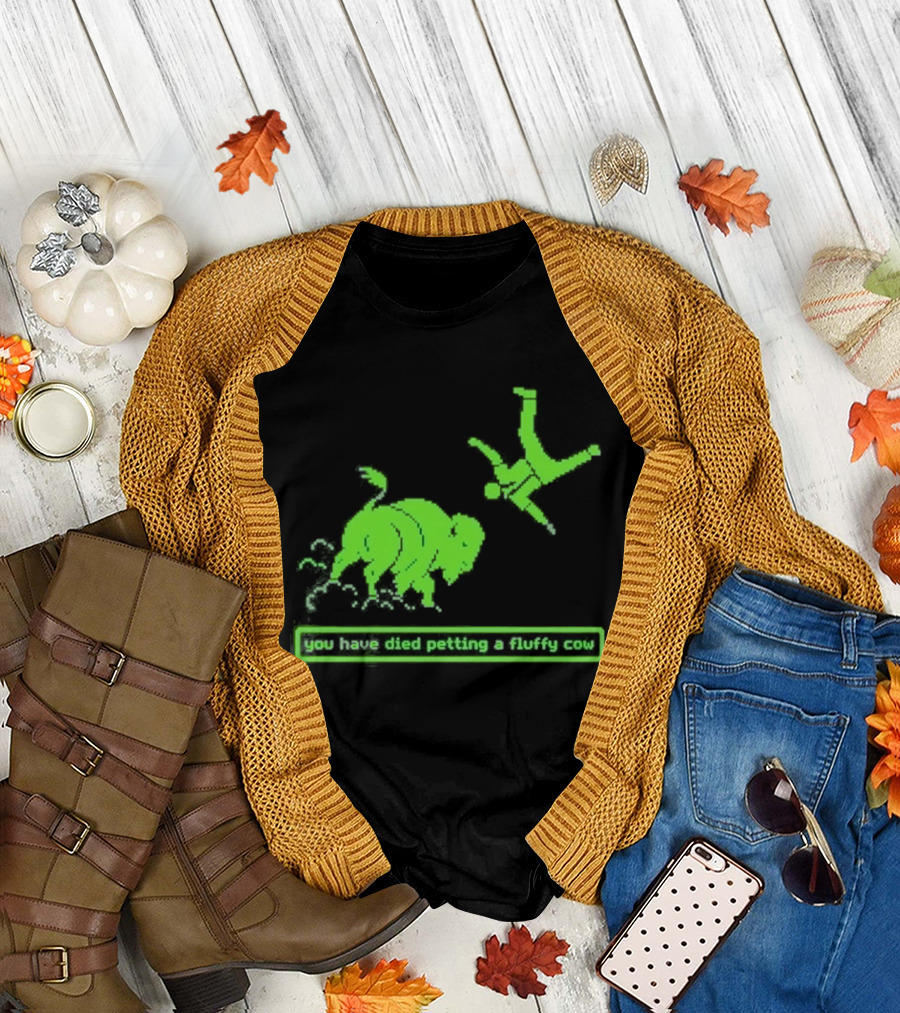 You Have Died Petting a Fluffy Cow Cartoon Humor Green Buffalo T-Shirt