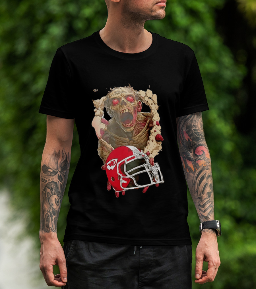 Zombie Kansas City Chiefs Helmet Halloween Scary Football Fan Spirit T-Shirt