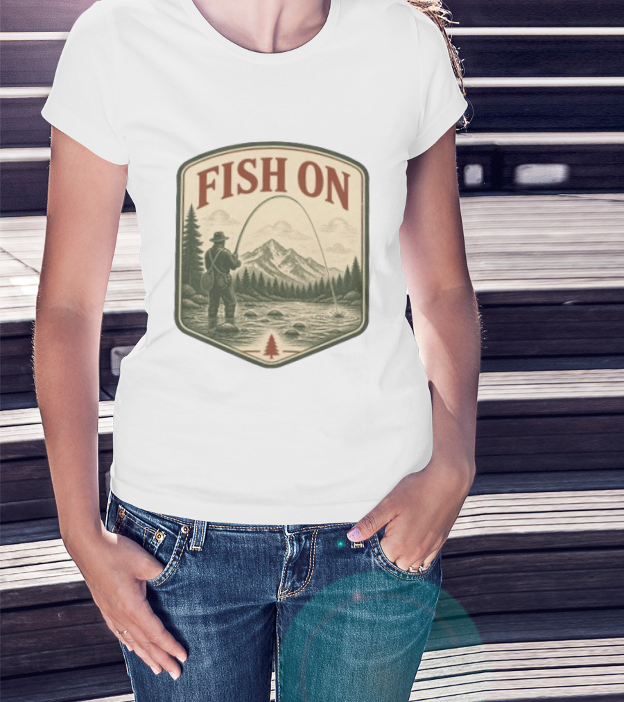 Fish On Fly Fishing Fisherman Mountain Landscape Adventure T-Shirt
