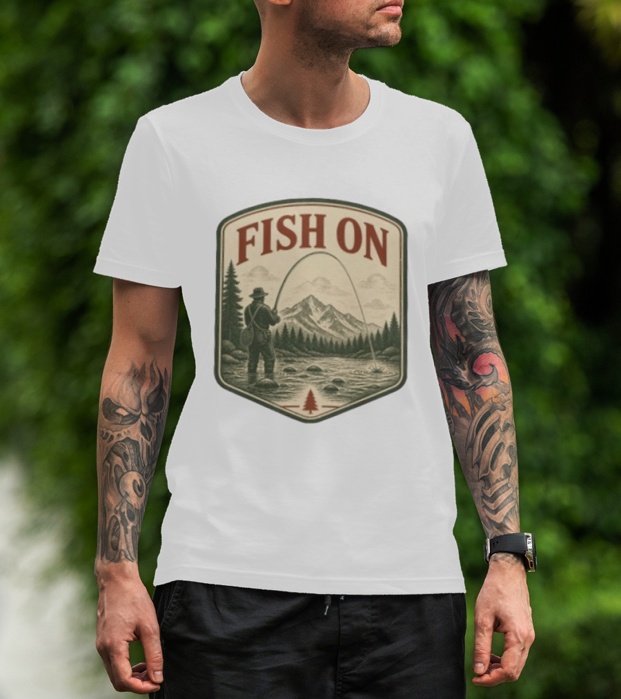 Fish On Fly Fishing Fisherman Mountain Landscape Adventure T-Shirt