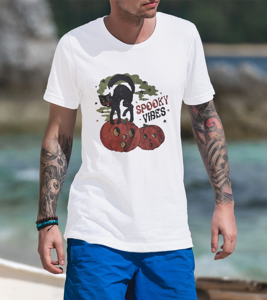 Spooky Vibes Black Cat Pumpkins Halloween Cartoon Stars T-Shirt
