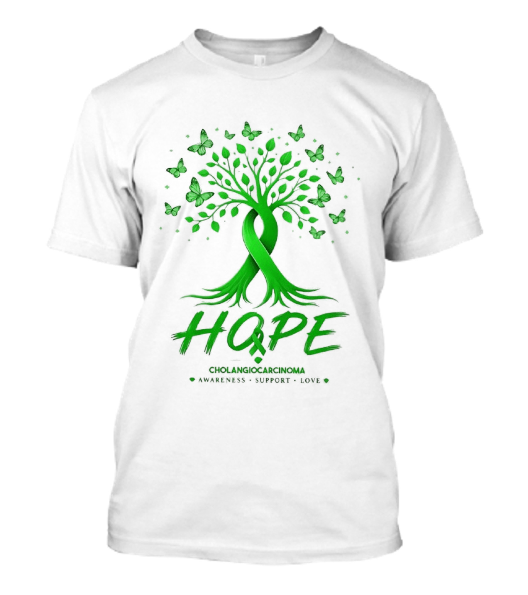 Hope Tree With Butterflies Cholangiocarcinoma Awareness Support Love Ribbon T-Shirt