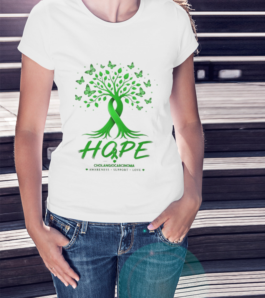 Hope Tree With Butterflies Cholangiocarcinoma Awareness Support Love Ribbon T-Shirt