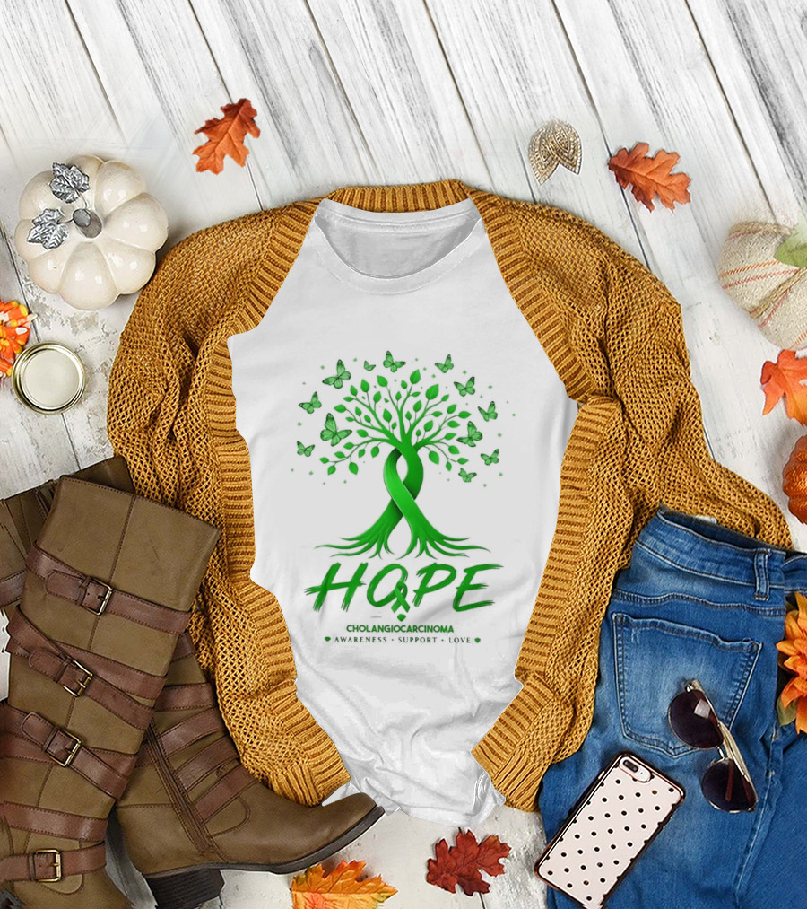 Hope Tree with Butterflies Cholangiocarcinoma Awareness Support Love Ribbon T-Shirt