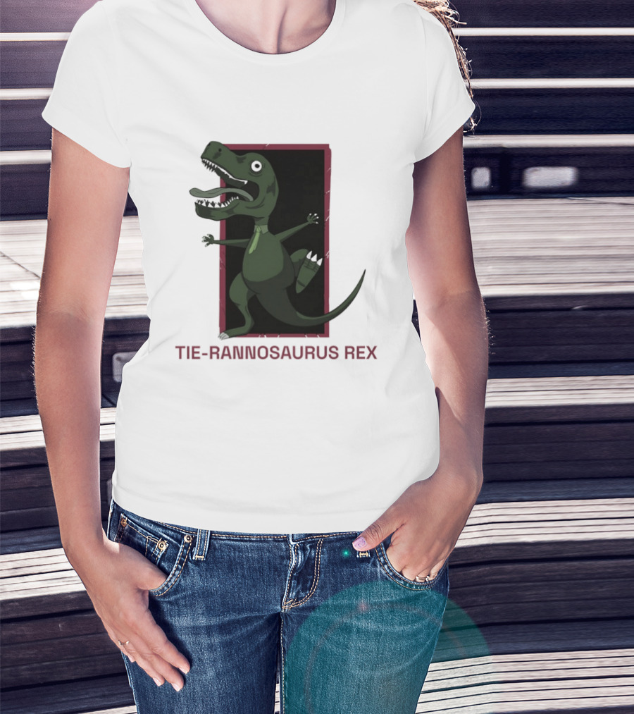 TIE RANNOSAURUS REX Dinosaur Humor Pun With Green Tie T-Shirt