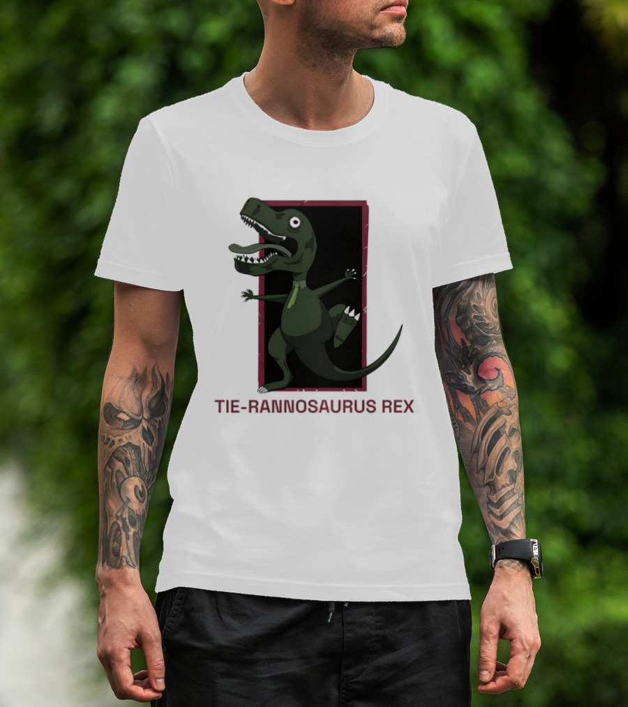 TIE RANNOSAURUS REX Dinosaur Humor Pun With Green Tie T-Shirt