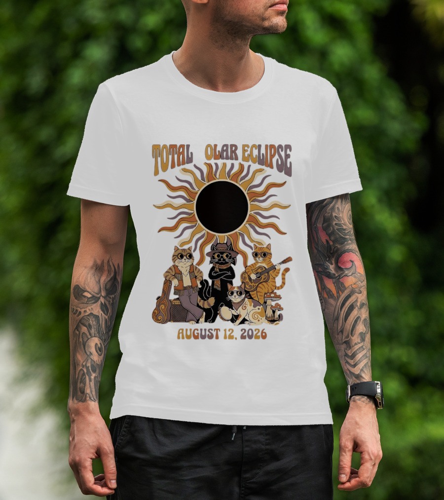 Total Solar Eclipse August 12 2026 Cats Band With Instruments And Sunglasses T-Shirt