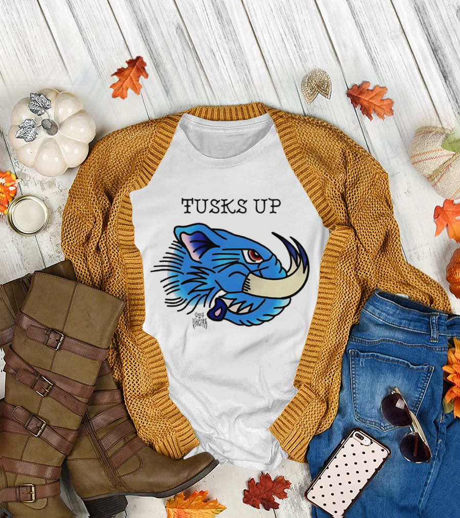 Tusks Up Blue Boar Head by Ghou Viscera T-Shirt