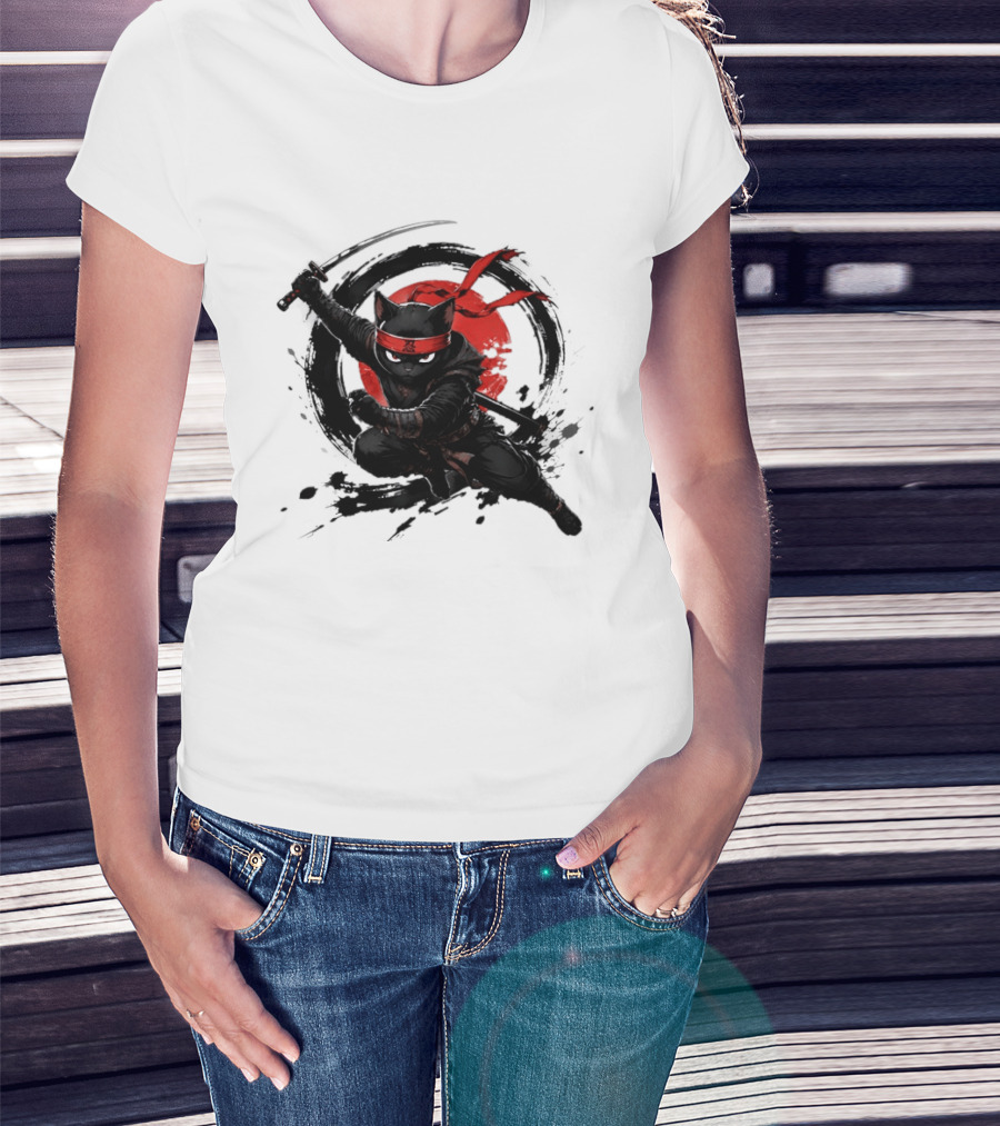 Ninja Cat Katana Warrior Red Rising Sun T-Shirt