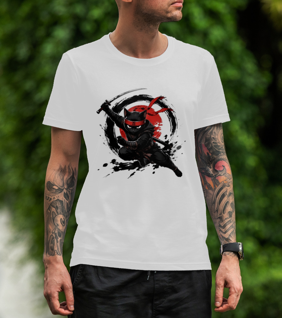 Ninja Cat Katana Warrior Red Rising Sun T-Shirt