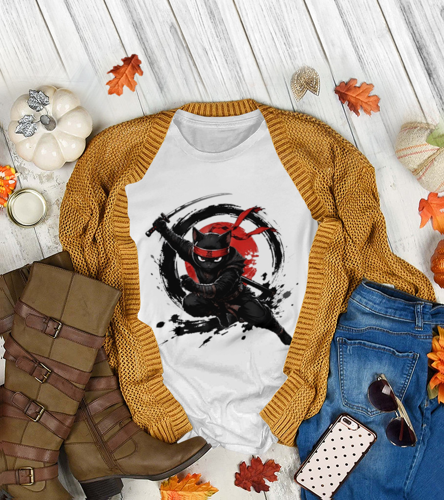 Ninja Cat Katana Warrior Red Rising Sun T-Shirt