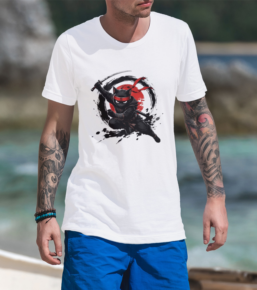 Ninja Cat Katana Warrior Red Rising Sun T-Shirt