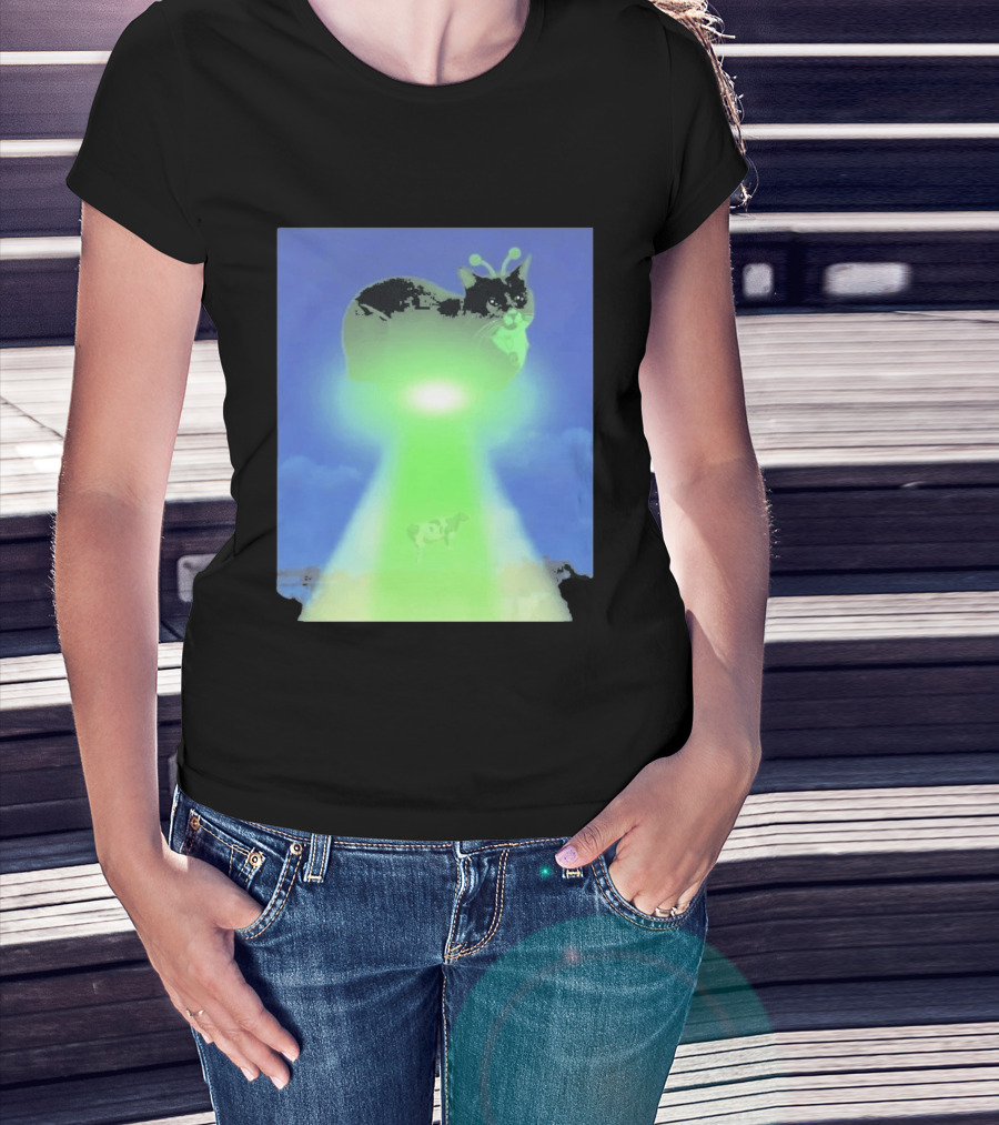 Alien Kitty UFO Beaming Cat Abduction With Tractor Beam And Cow T-Shirt