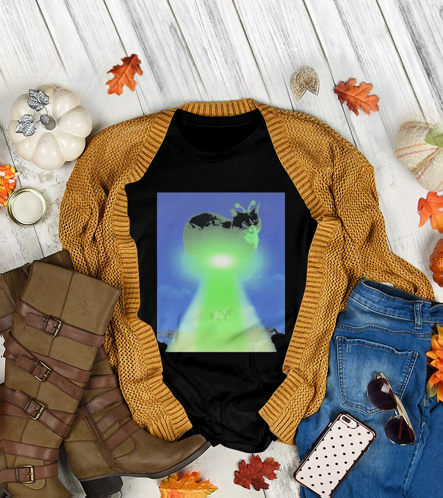 Alien Kitty UFO Beaming Cat Abduction with Tractor Beam and Cow T-Shirt