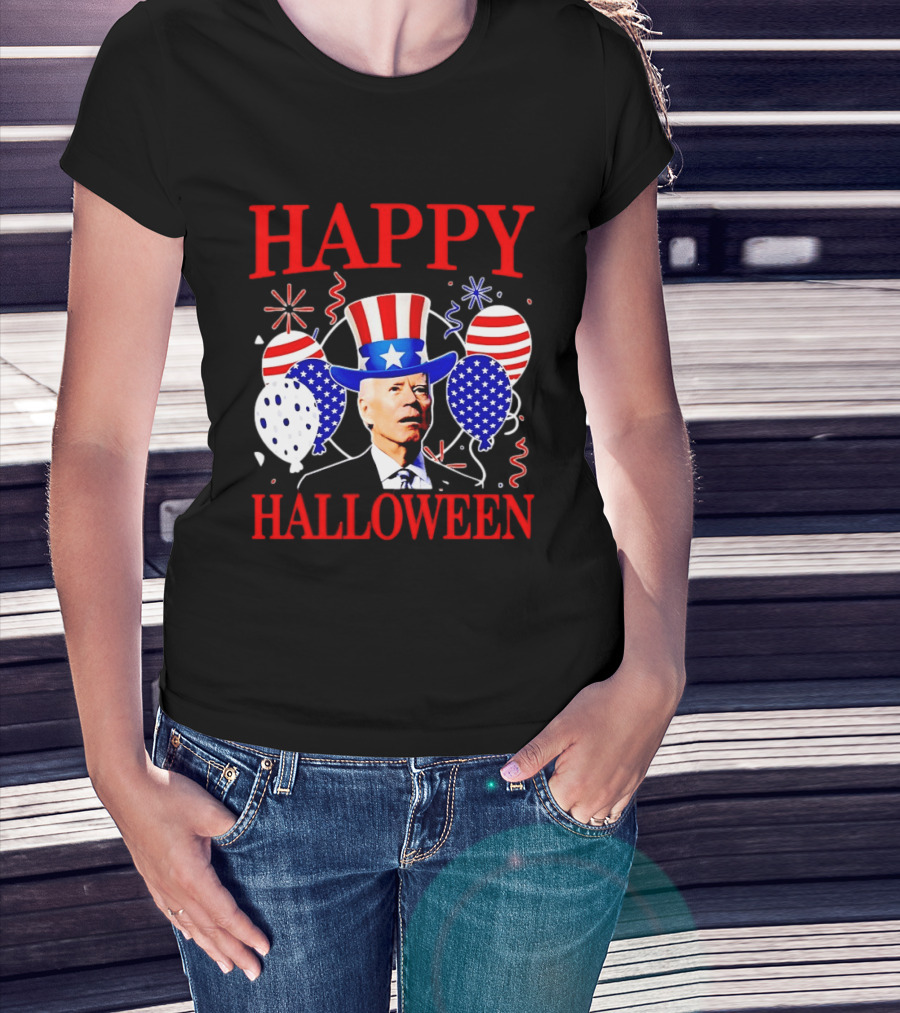 Happy Halloween Biden Uncle Sam Hat American Flag Balloons T-Shirt