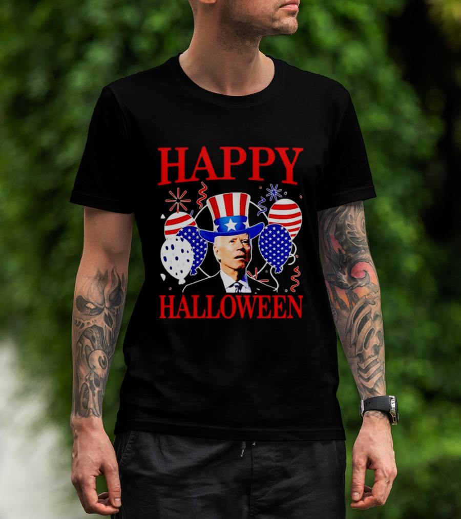 Happy Halloween Biden Uncle Sam Hat American Flag Balloons T-Shirt
