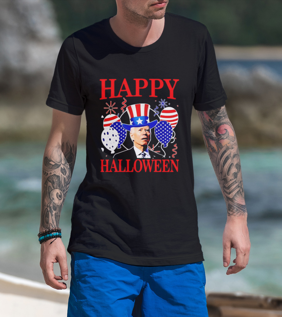 Happy Halloween Biden Uncle Sam Hat American Flag Balloons T-Shirt