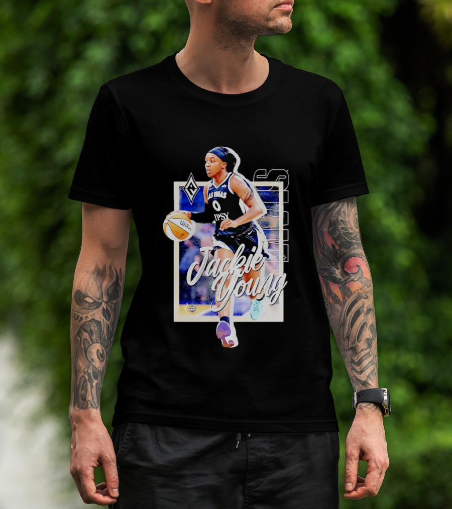Jackie Young Las Vegas Aces Number 0 Dribbling Action With Wilson Basketball And Lids Headband T-Shirt